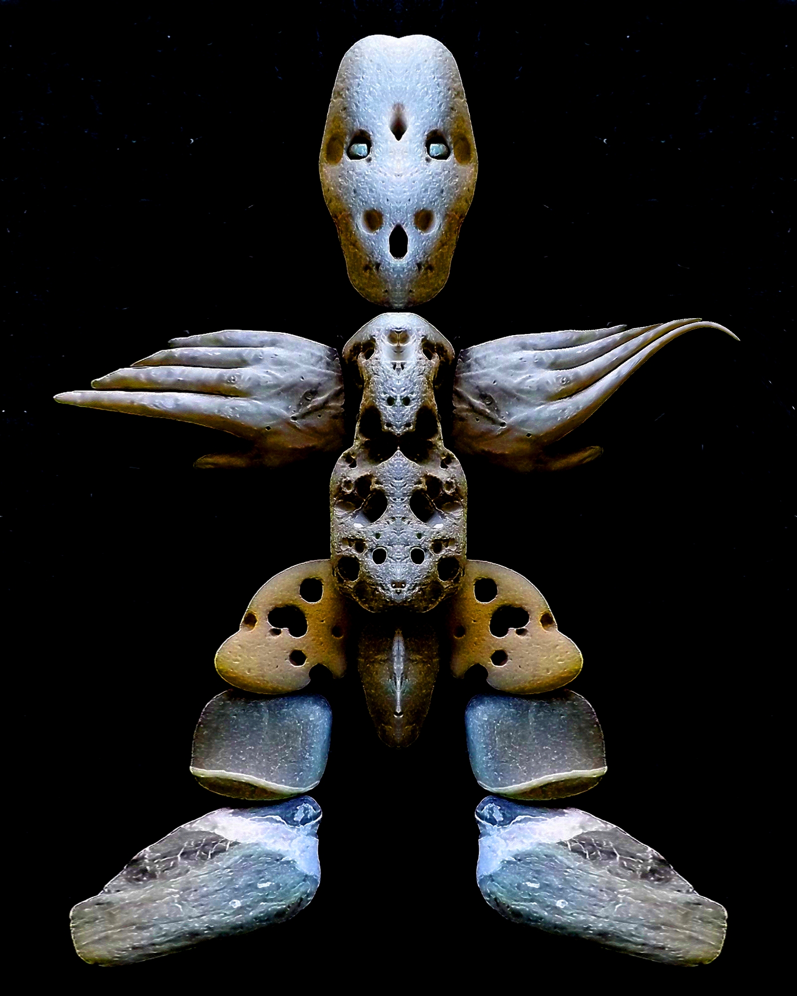 A winged figure with body and head made of pebbles
